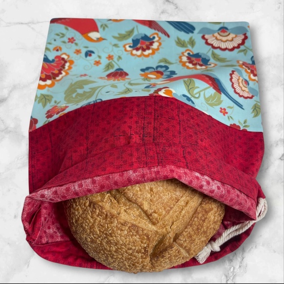 Red Bird Print Reusable Linen Bread Bag, Eco-Friendly Cotton Bread Storage Bag - Picture 2 of 5